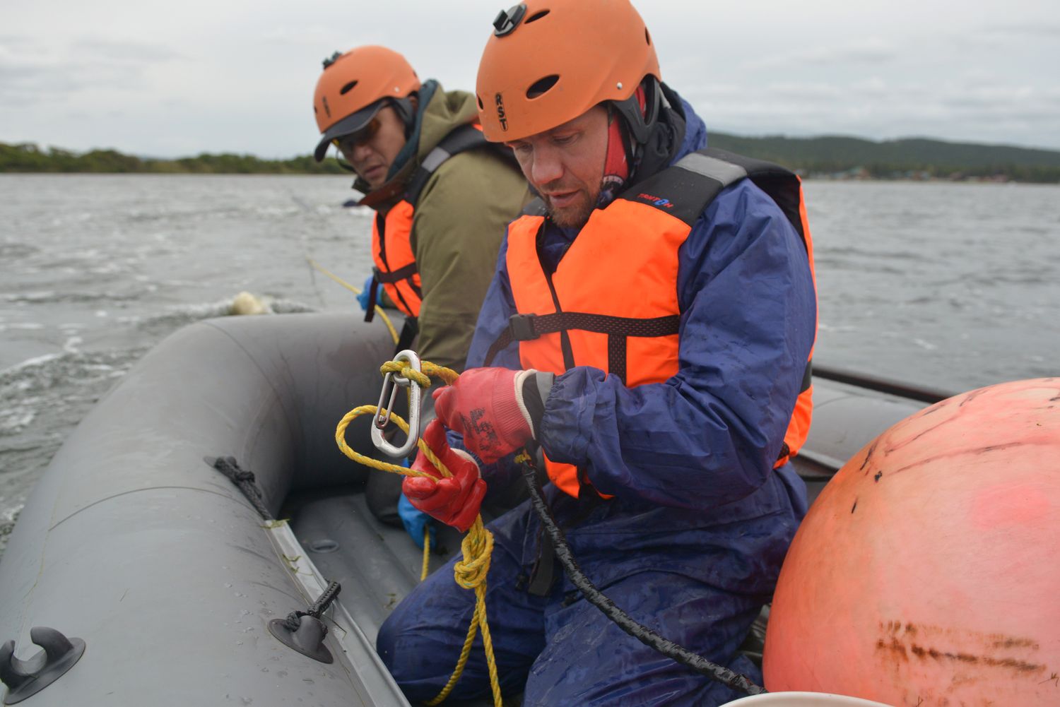 Практическая тренировка по освобождению больших китов от остатков рыболовных орудий и пластикового мусора